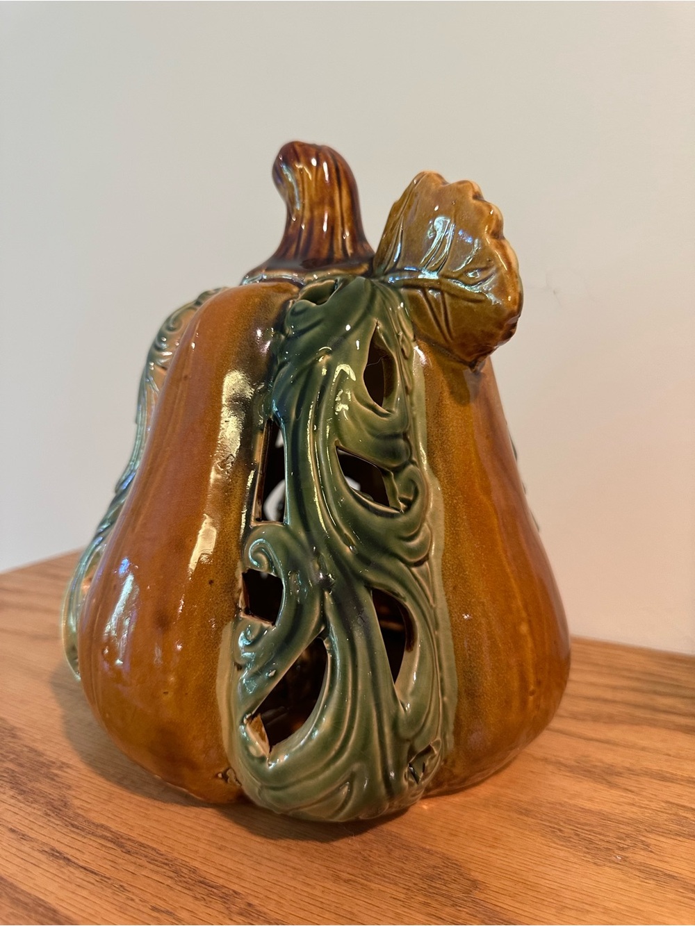 Glazed Ceramic Pumpkin Sculpture in Brown and Green - Home Art Apropos